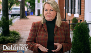 This is a photograph of April McClain Delaney's congressional announcement, published to YouTube. 